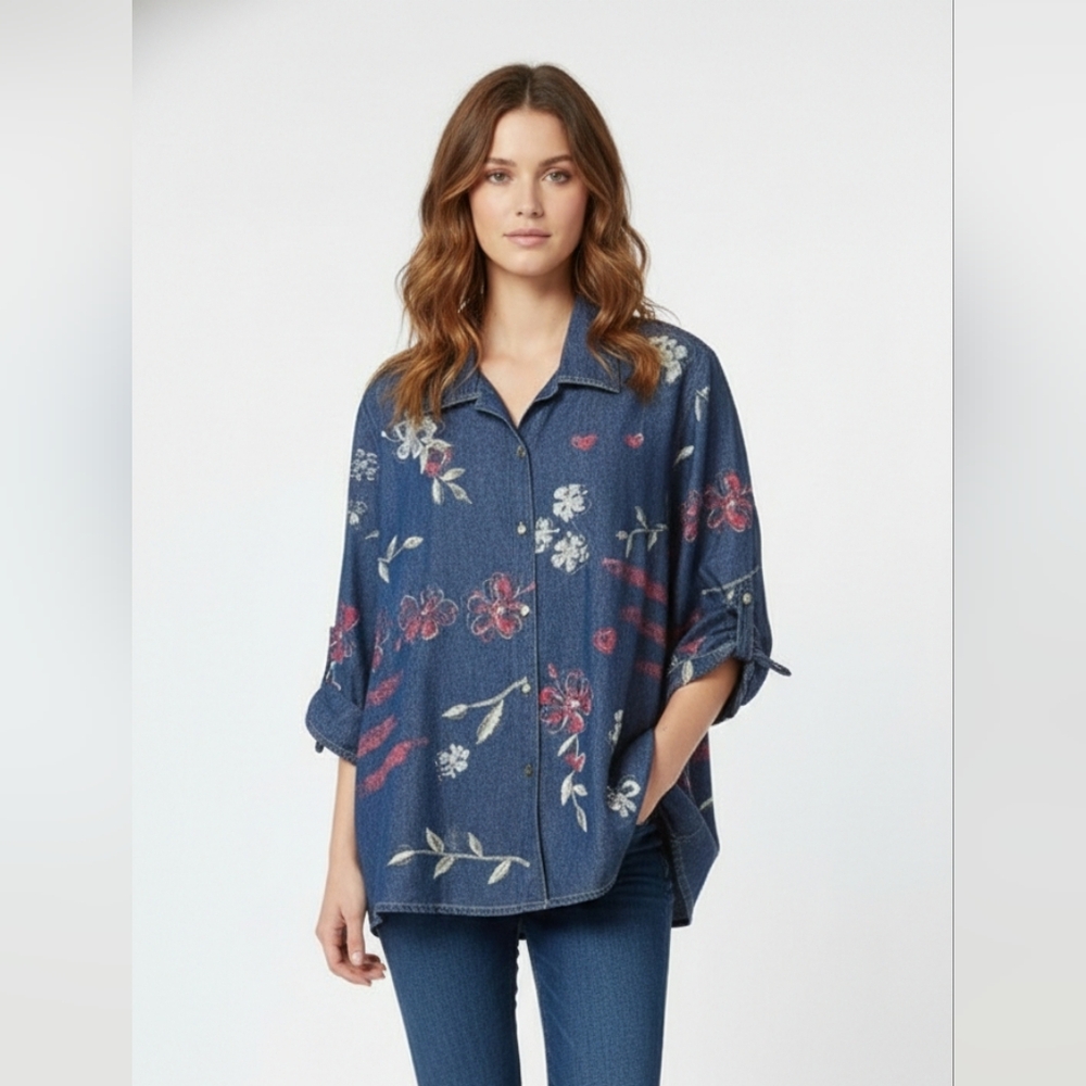 Vintage Koret City Blue Blouse Chambray Ruched Boho Casual Floral 22W